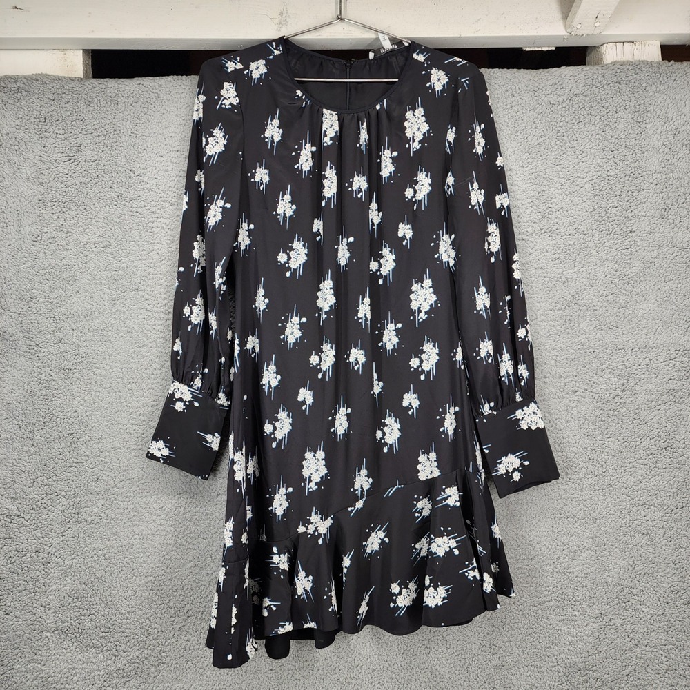 Derek Lam 10 Crosby Black Floral Silk Mini Dress Asymmetrical Ruffle Hem Size 6